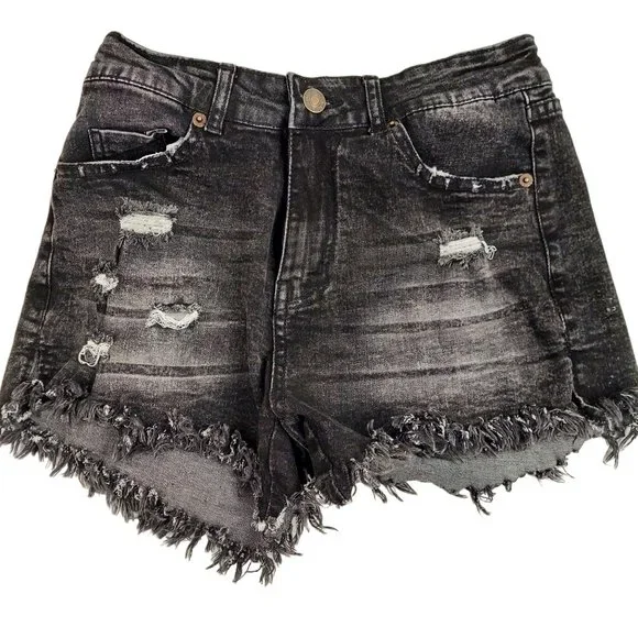 Womens Small Black Denim Distressed Short Shorts Fringed Frayed Hem - Picture 1 of 5